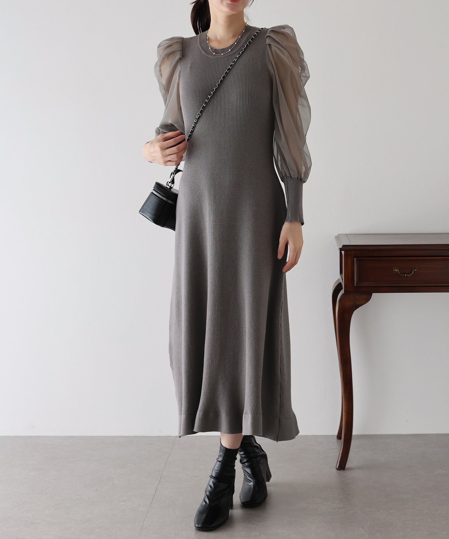 【TIME SALE】チュール袖マーメイドニットワンピース