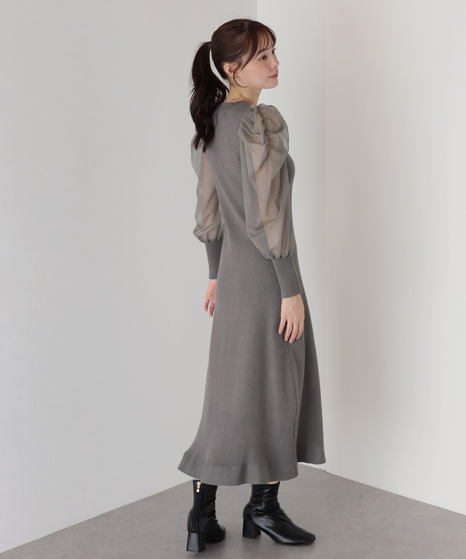 【TIME SALE】チュール袖マーメイドニットワンピース