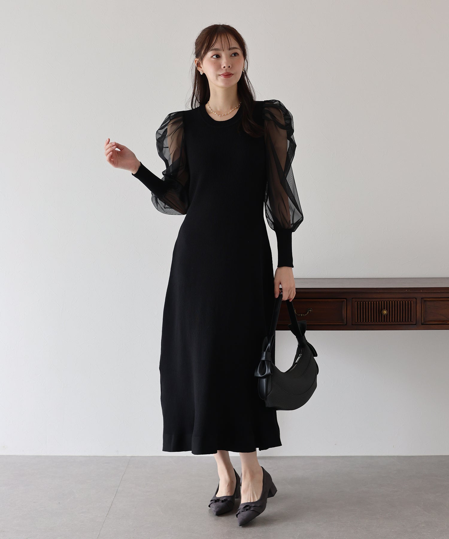 【TIME SALE】チュール袖マーメイドニットワンピース