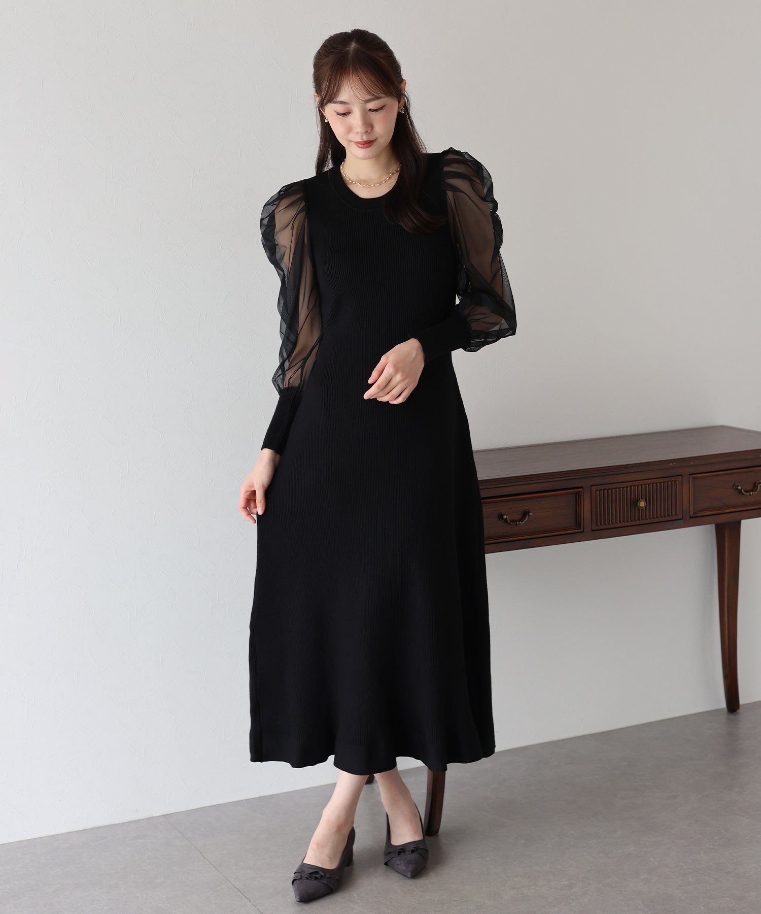 【TIME SALE】チュール袖マーメイドニットワンピース