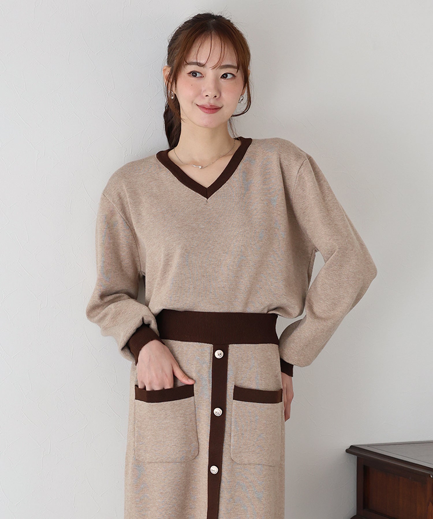 【TIME SALE】配色Vネックニット&スカート セットアップ
