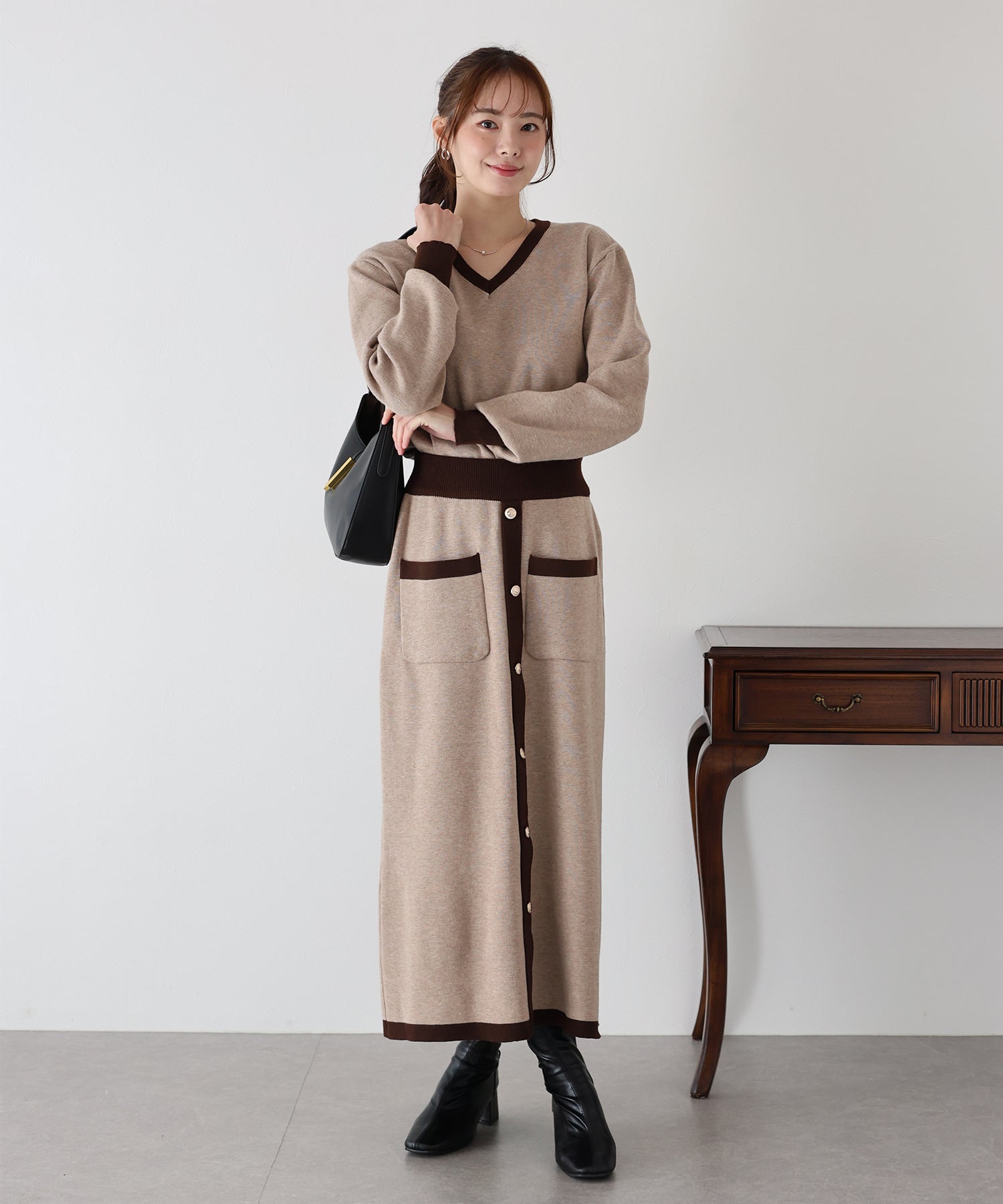 【TIME SALE】配色Vネックニット&スカート セットアップ